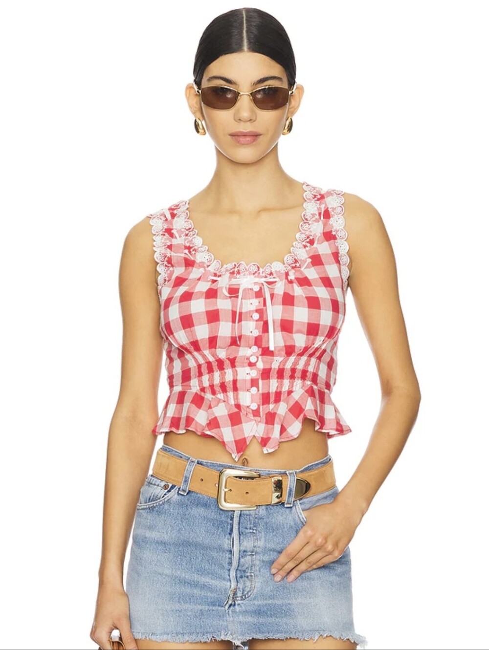 NWOT Frankie's Bikinis Gingham Lace-Trim Cropped Tank & Scarf